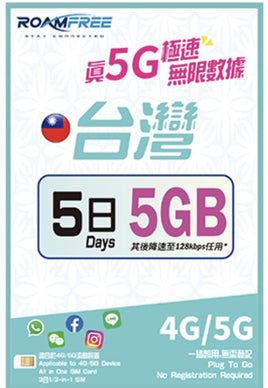Roamfree 4G/5G 台灣5日5GB無限數據卡