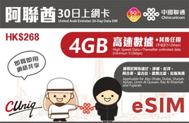 中國聯通 4G/5G 阿聯酋30日無限上網數據卡