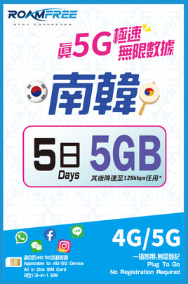 Roamfree X 3HK 4G/5G 南韓5日5GB無限數據卡