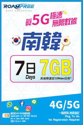 Roamfree X 3HK 4G/5G 南韓7日7GB無限數據卡