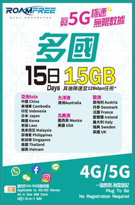 RoaRoamfree X 3HK 4G/5G 多國15日15GB無限數據卡