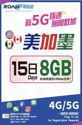 Roamfree X 3HK 4G/5G 美國, 加拿大 & 墨西哥15日8GB無限數據卡