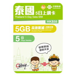 中國聯通 4G/5G 泰國5日5GB無限上網卡
