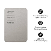Momax 35W 1-Power F.Pass⁺ 20000mAh 磁吸帶線流動電源 IP159 (黑色/鈦色) CCC *3C認證*