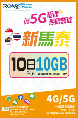 Roamfree X 3HK 4G/5G 新馬泰10日10GB無限數據卡