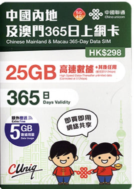 中國聯通 4G/5G中國內地及澳門365日20GB數據卡