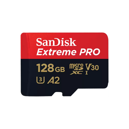 SanDisk Extreme PRO 128GB MicroSDXC 記憶卡（含 SD 轉接卡），支援 4K 高畫質錄影與高速傳輸