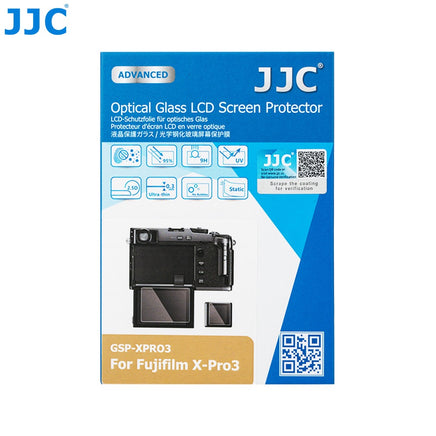 JJC GSP-XPRO3 相機鋼化玻璃螢幕保護貼 專為 Fujifilm X-Pro3 旁軸微單眼相機隱藏式翻轉主螢幕與副螢幕套裝設計 採用 9H 超高硬度光學鋼化玻璃 具備 95% 高透光率防刮防爆與抗指紋疏油塗層 靜電吸附無氣泡自動貼合 2.5D 弧邊觸控靈敏順滑 不影響螢幕合閉與色彩還原 隨附清潔工具包 為富士相機雙螢幕提供全方位防護 香港實體店