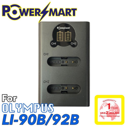 PowerSmart Olympus Li-90B / Li-92B 雙位 Type-C 液晶顯示快速充電器，支援雙槽同時充電與 LCD 電量顯示