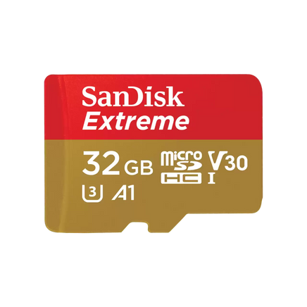 SanDisk Extreme 32GB MicroSDHC UHS-I 記憶卡正面圖，支援 V30、A1 高速效能等級