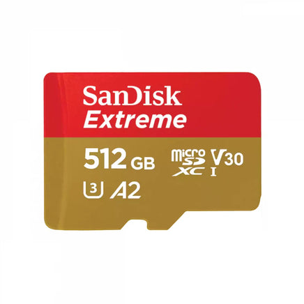 SanDisk Extreme 512GB MicroSDXC UHS-I 記憶卡正面圖，支援 V30、A2 高速效能等級