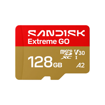 SanDisk Extreme GO 128GB MicroSDXC UHS-I 記憶卡正面圖，支援 V30、A2 高速效能等級