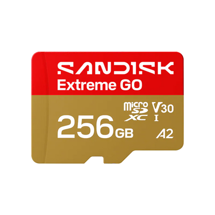 SanDisk Extreme GO 256GB MicroSDXC UHS-I 記憶卡正面圖，支援 V30、A2 高速效能等級
