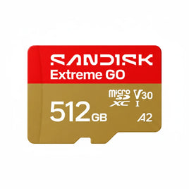 SanDisk Extreme GO 512GB MicroSDXC UHS-I 記憶卡正面圖，支援 V30、A2 高速效能等級