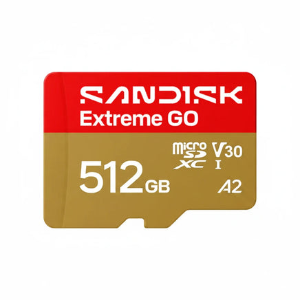 SanDisk Extreme GO 512GB MicroSDXC UHS-I 記憶卡正面圖，支援 V30、A2 高速效能等級