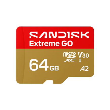 SanDisk Extreme GO 64GB MicroSDXC UHS-I 記憶卡正面圖，支援 V30、A2 高速效能等級