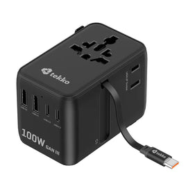 Tekko 100W 高速氮化鎵 (GaN) 旅行轉接頭，支援筆電與多設備快速充電，黑色簡約設計