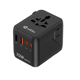 Tekko 70W 高速氮化鎵旅行充電器，黑色簡約設計，支援多設備同時快充，商務與旅行必備配件