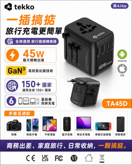 Tekko TA45D 旅行快充轉接頭，具備 45W 輸出與 GaN 氮化鎵技術，適用於相機、筆電、手機與遊戲機等各類電子設備