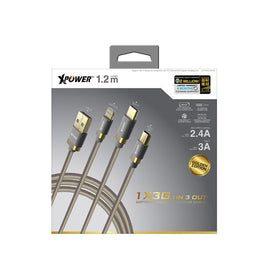 XPOWER 1X3G 三合一編織充電線，支援同時為三種裝置充電