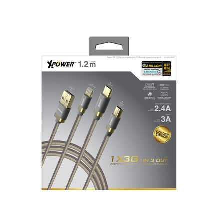 XPOWER 1X3G 三合一編織充電線，支援同時為三種裝置充電